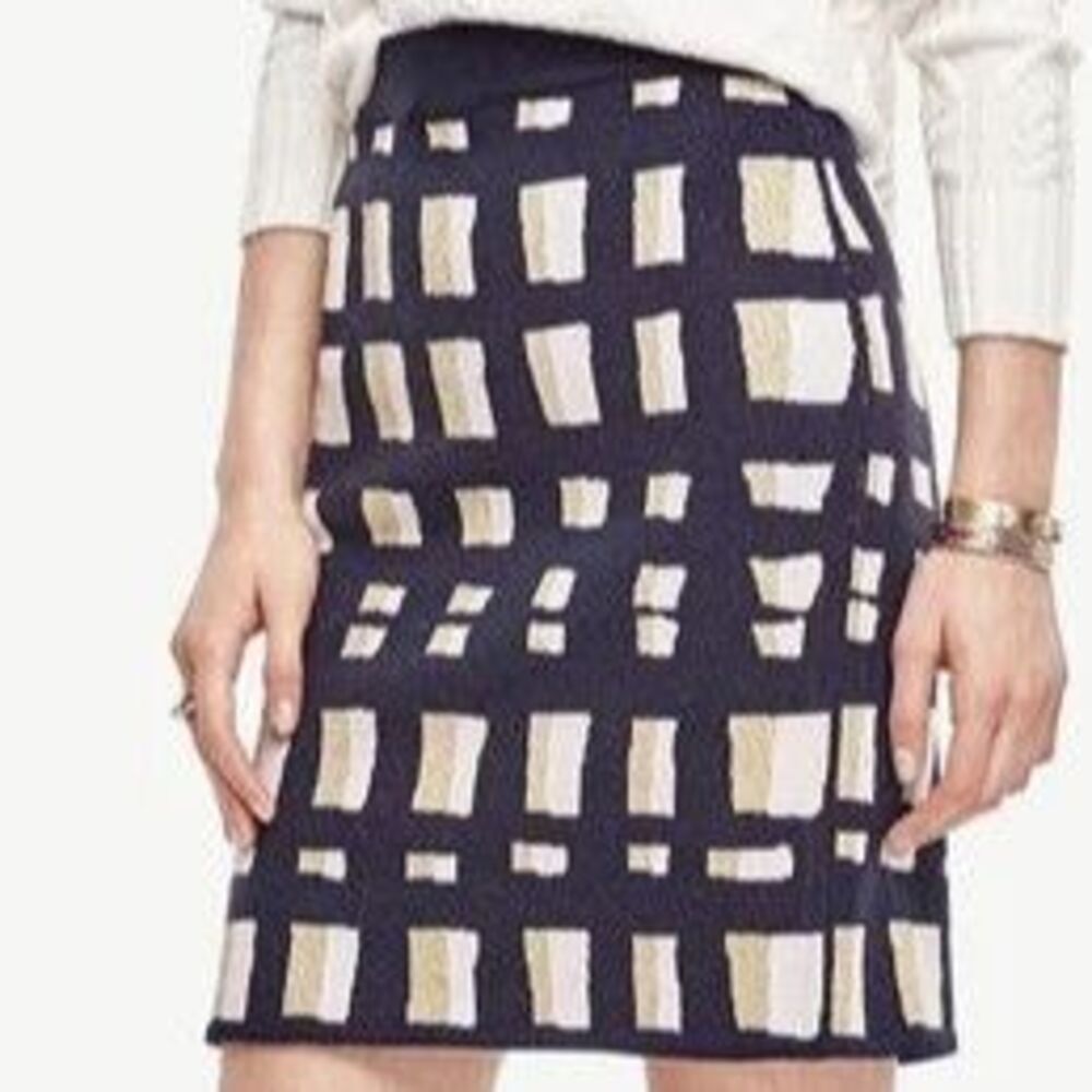 Ann Taylor Lattice Print Sweater Knit Pencil Skirt Navy Gold Merino Wool Blend S